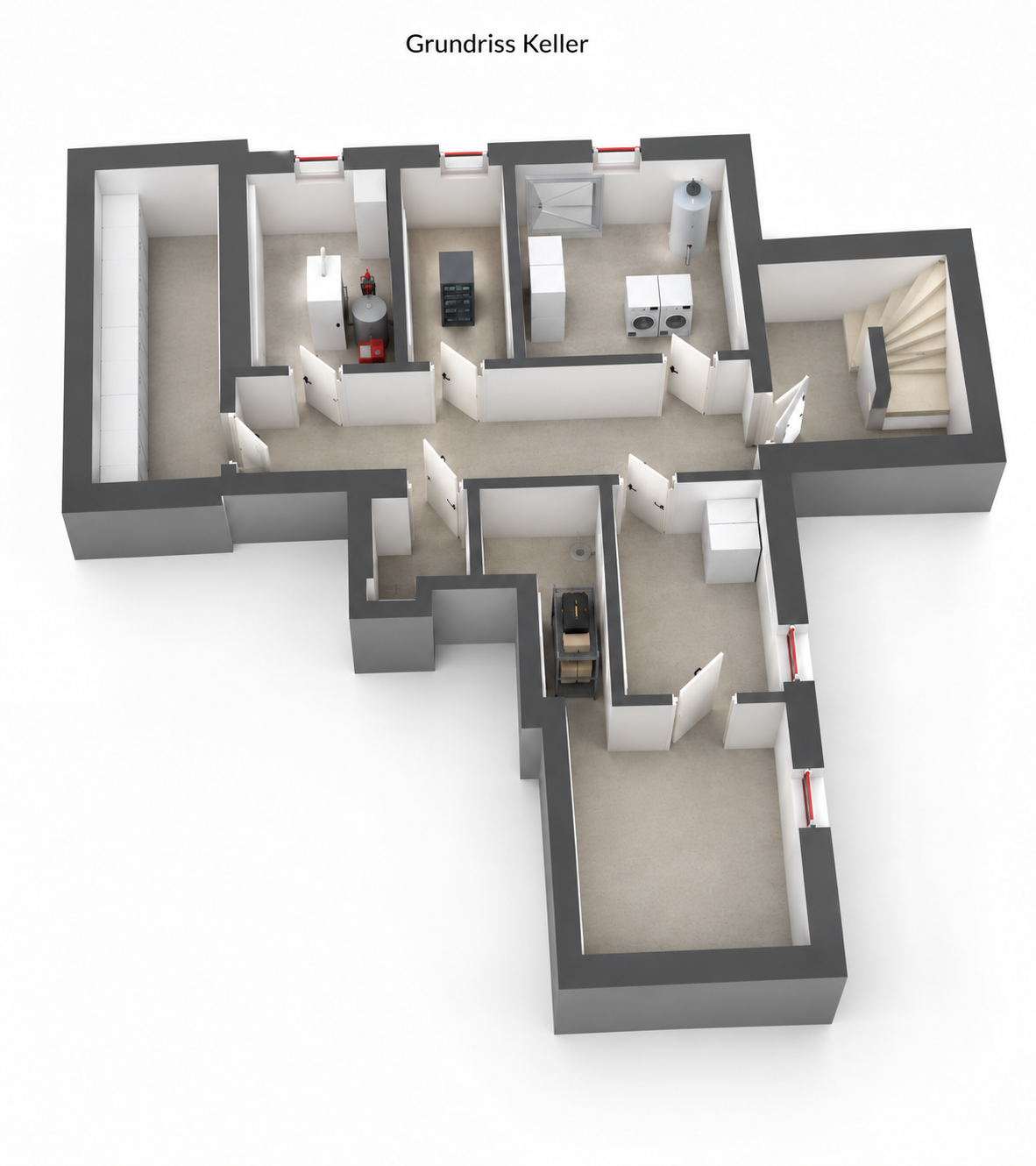 3D-Grundriss der Kellerebene auf weißem Grund